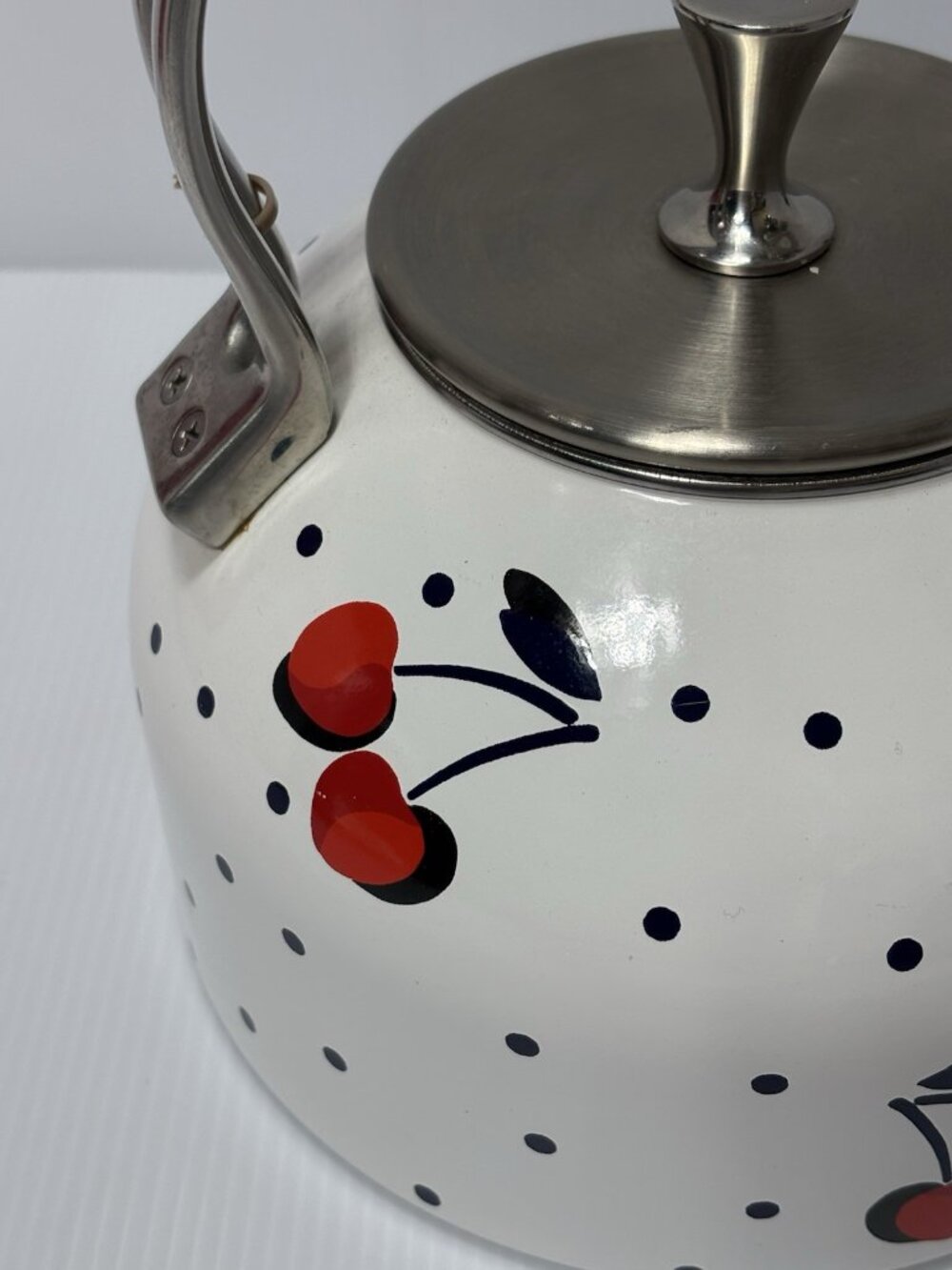 Kate Spade Cherry Polka Dot Tea Kettle White Enamel On Steel Decorative -As Is! - Picture 3 of 16